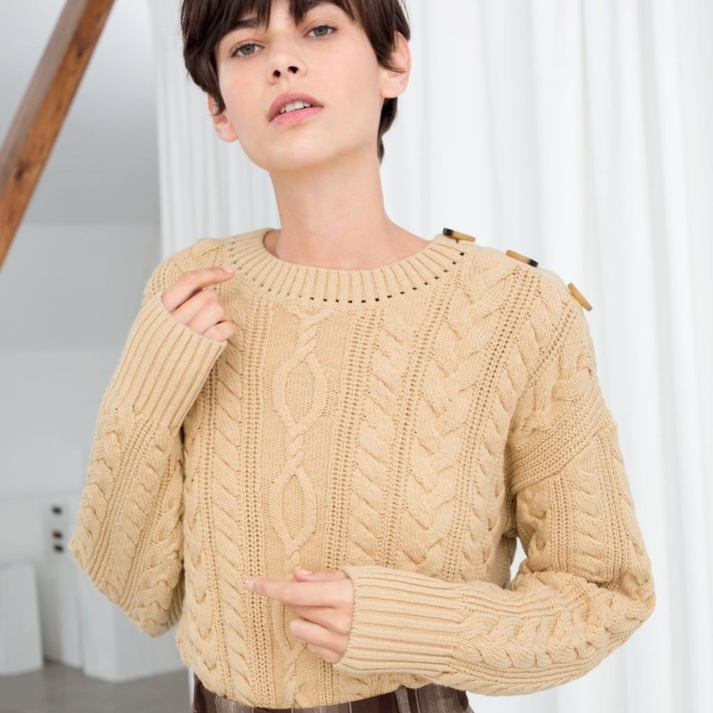 Cropped Cotton Cable Knit Sweater